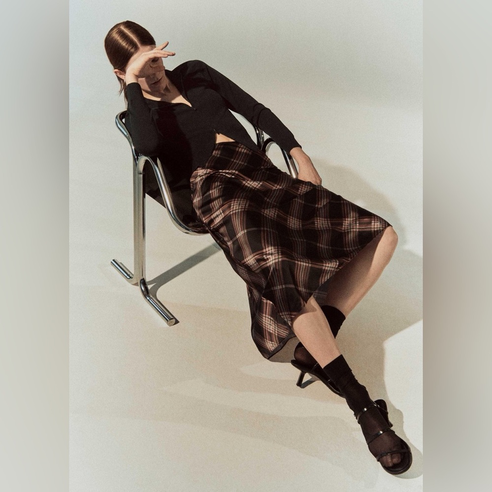 NWT Vince Plaid Shaped Hem Slip Midi Skirt